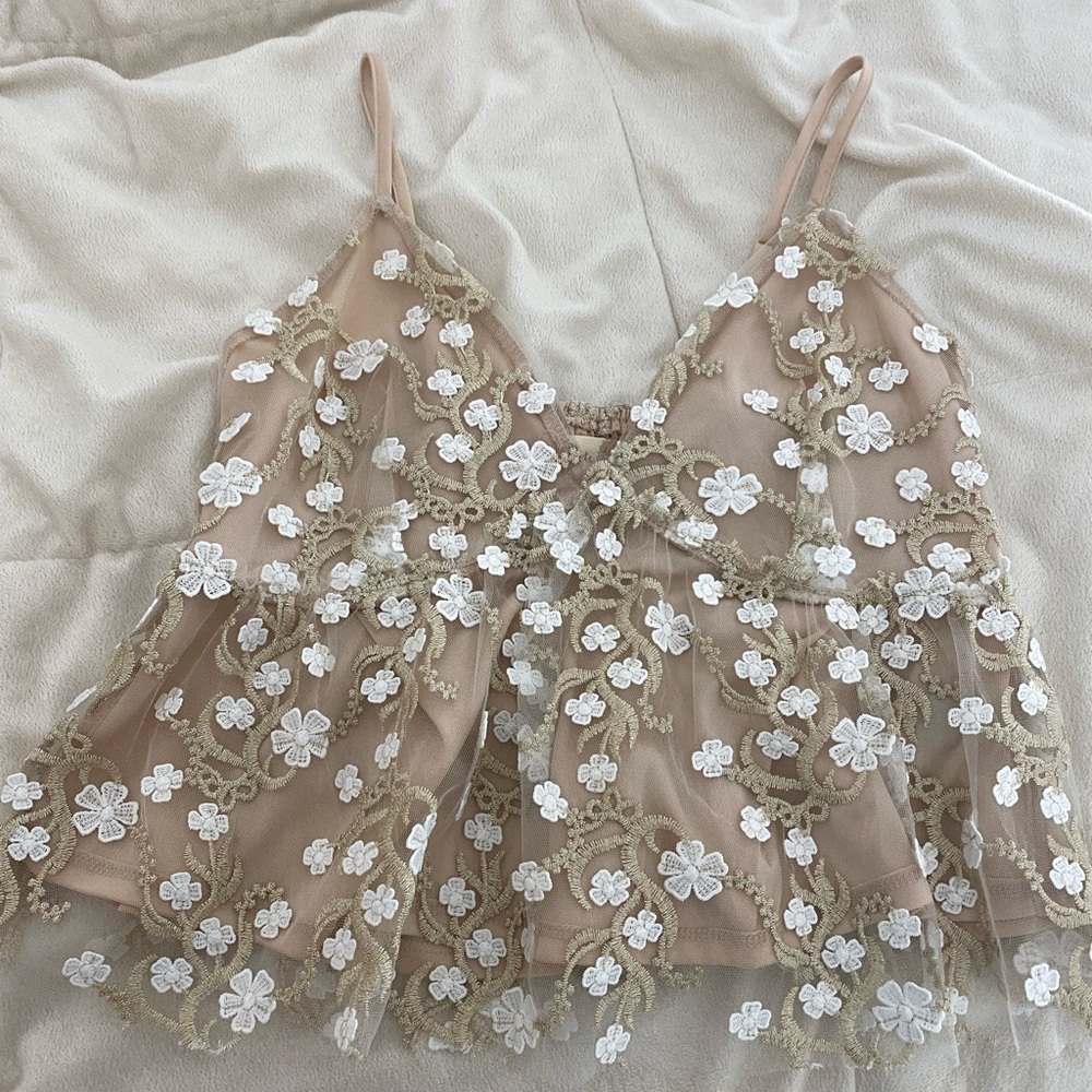 Altar’d State Lace and Tulle Gold Top